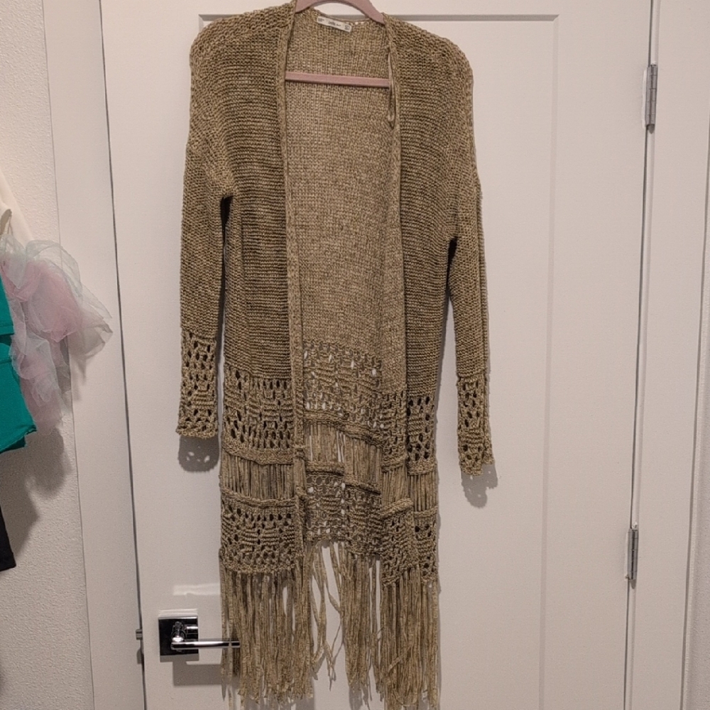 Zara Tan Fringe Knit Cardigan